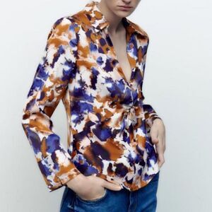 ZARA Women’s Printed Blouse With Sand Blue Colors